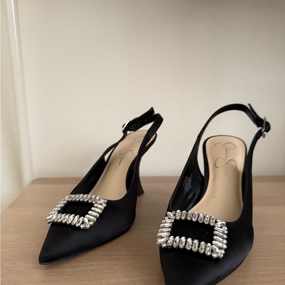 Jessica Simpson - Black Slingback Kitten Heels with Diamond Buckle